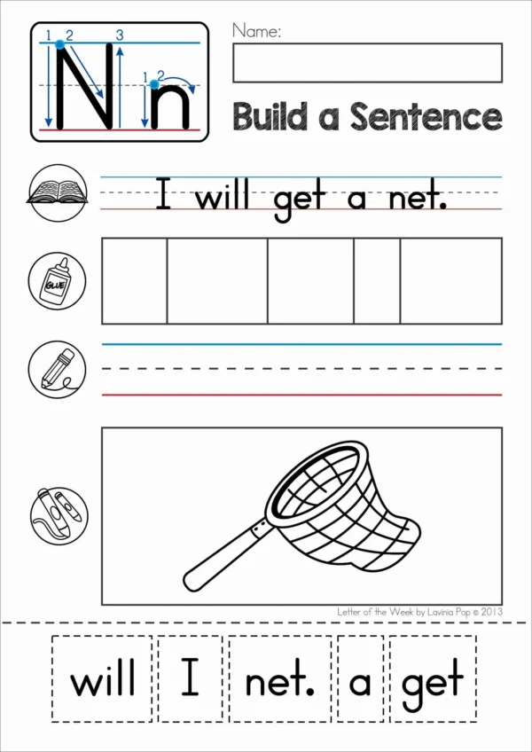 N Alphabet Phonics Letter of the Week Worksheets & Activities | Build a sentence cut and paste worksheets