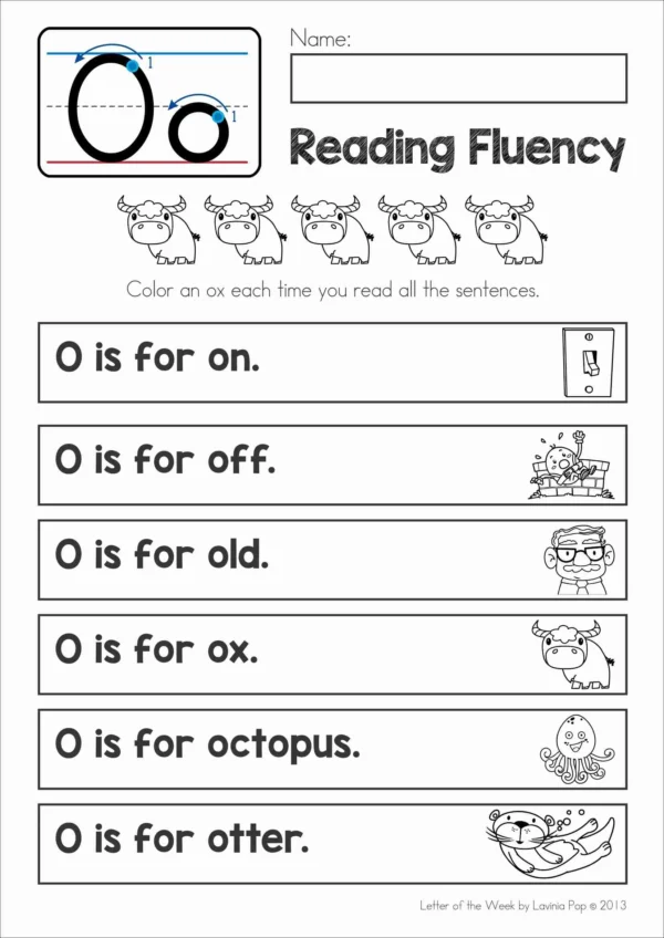 O Alphabet Phonics Letter of the Week Worksheets & Activities | Beginning sounds reading fluency setence strips