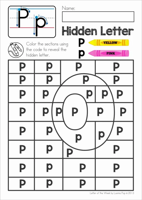 P Alphabet Phonics Letter of the Week Worksheets & Activities | Upper and lower case color by code letter discrimination worksheet