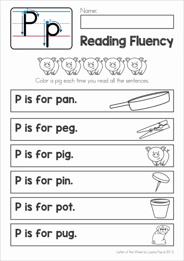 P Alphabet Phonics Letter of the Week Worksheets & Activities | Beginning sounds reading fluency sentence strips