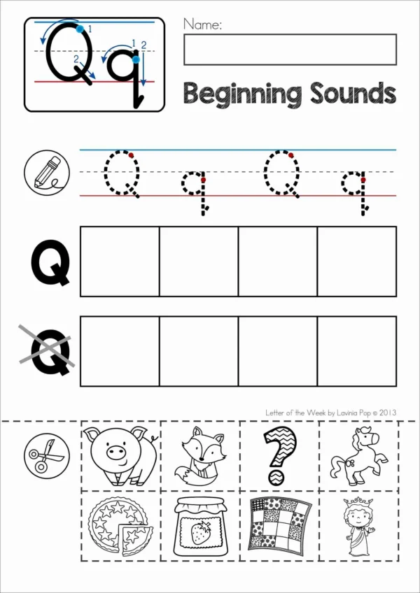 Q Alphabet Phonics Letter of the Week Worksheets & Activities | Beginning sounds cut and paste worksheet