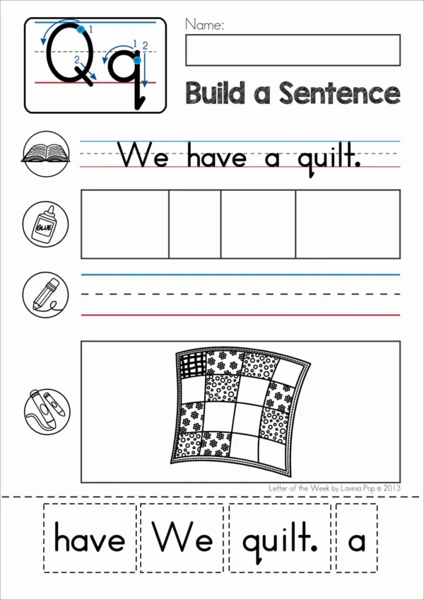 Q Alphabet Phonics Letter of the Week Worksheets & Activities | Build a sentence cut and paste worksheet