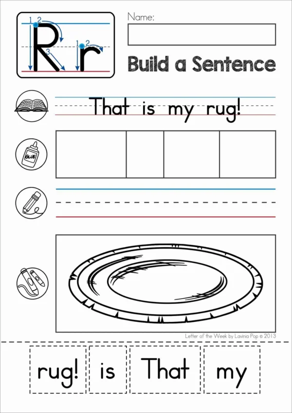 R Alphabet Phonics Letter of the Week Worksheets & Activities | Build a sentence cut and paste worksheet