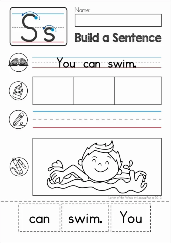 S Alphabet Phonics Letter of the Week Worksheets & Activities | Build a sentence cut and paste activity