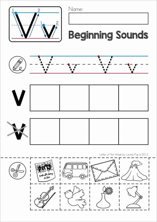 V Alphabet Phonics Letter of the Week Worksheets & Activities | Beginning Sounds cut and paste worksheets