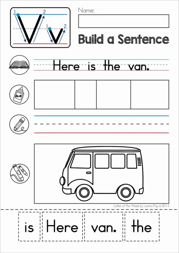 V Alphabet Phonics Letter of the Week Worksheets & Activities | Build a sentence cut and paste worksheets