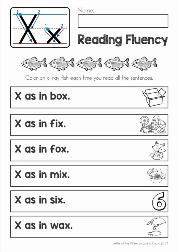 X Alphabet Phonics Letter of the Week Worksheets & Activities | Ending sounds reading fluency setence strips
