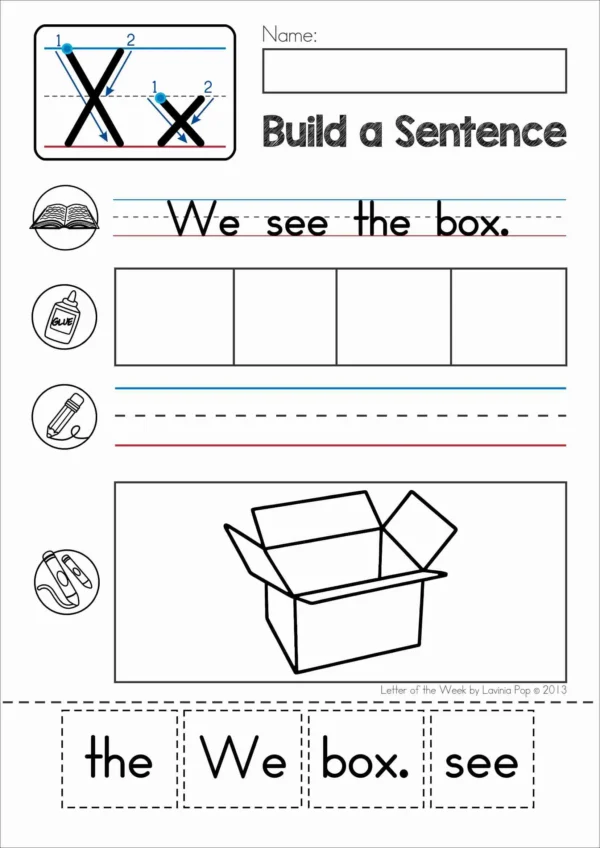X Alphabet Phonics Letter of the Week Worksheets & Activities | Build a sentence cut and paste worksheets