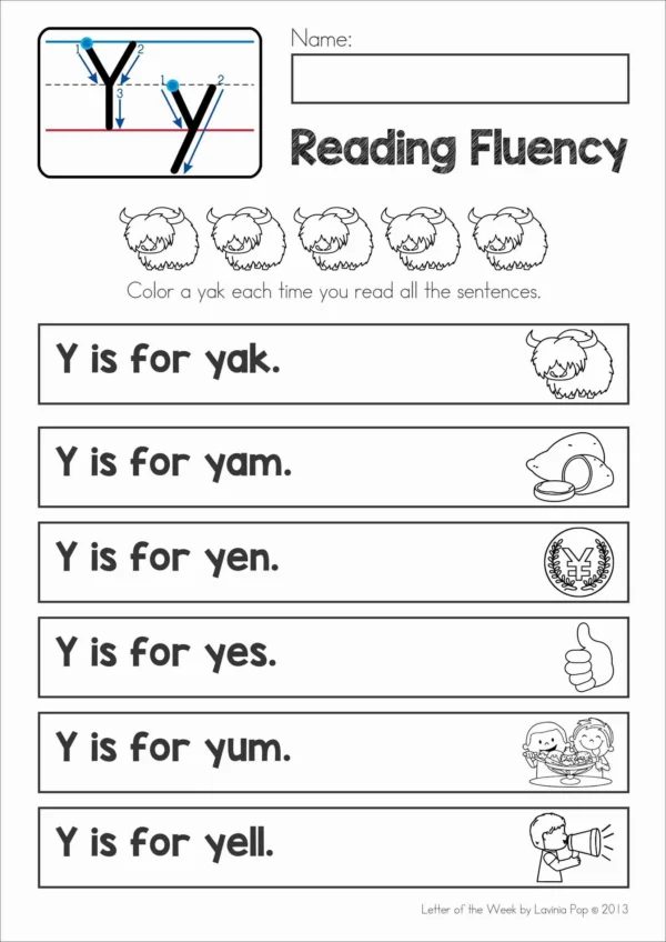 Y Alphabet Phonics Letter of the Week Worksheets & Activities | Beginning sounds reading fluency setence strips