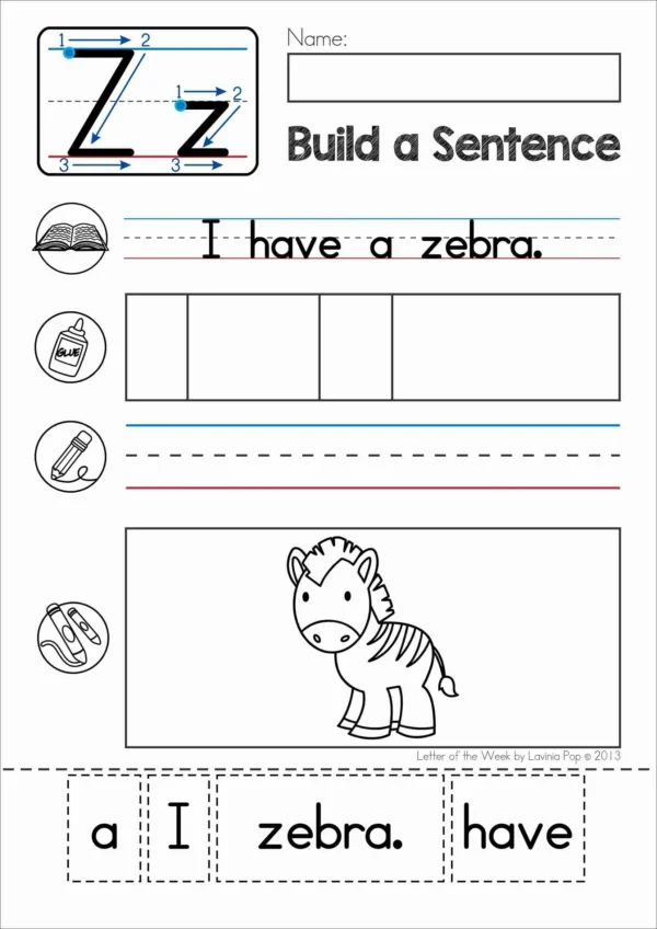 Z Alphabet Phonics Letter of the Week Worksheets & Activities | Build a sentence cut and paste worksheets