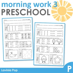 Preschool Morning Work Set 3. This set focuses on: tracing letters and numbers, beginning sounds, counting, colors, shapes.