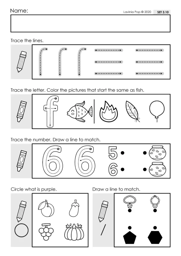 Preschool Morning Work Set 3. This set focuses on: tracing letters and numbers, beginning sounds, counting, colors, shapes.