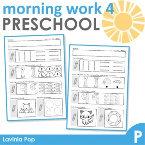 Preschool Morning Work Set 4. This set focuses on: tracing letters and numbers, beginning sounds, counting, colors, shapes.