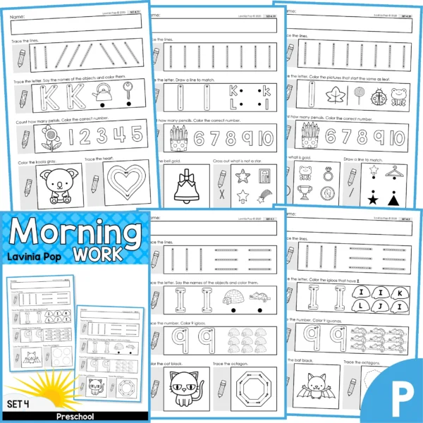 Preschool Morning Work Set 4. This set focuses on: tracing letters and numbers, beginning sounds, counting, colors, shapes.