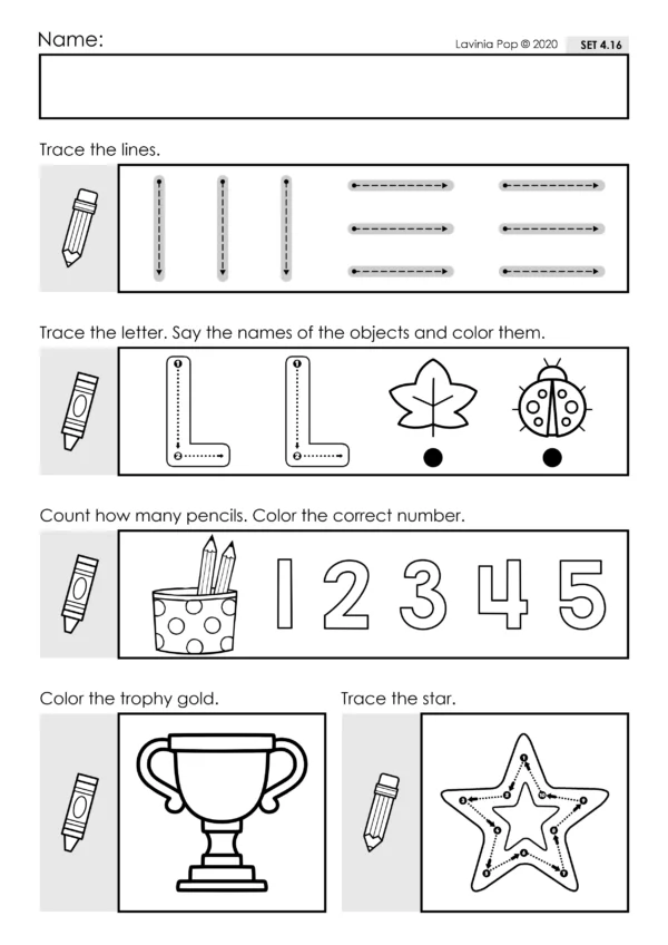 Preschool Morning Work Set 4. This set focuses on: tracing letters and numbers, beginning sounds, counting, colors, shapes.