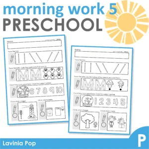 Preschool Morning Work Set 5. This set focuses on: tracing letters and numbers, beginning sounds, counting, size, prepositions.