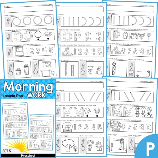Preschool Morning Work Set 5. This set focuses on: tracing letters and numbers, beginning sounds, counting, size, prepositions.
