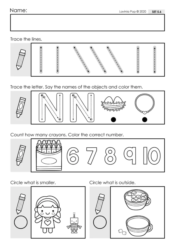 Preschool Morning Work Set 5. This set focuses on: tracing letters and numbers, beginning sounds, counting, size, prepositions.