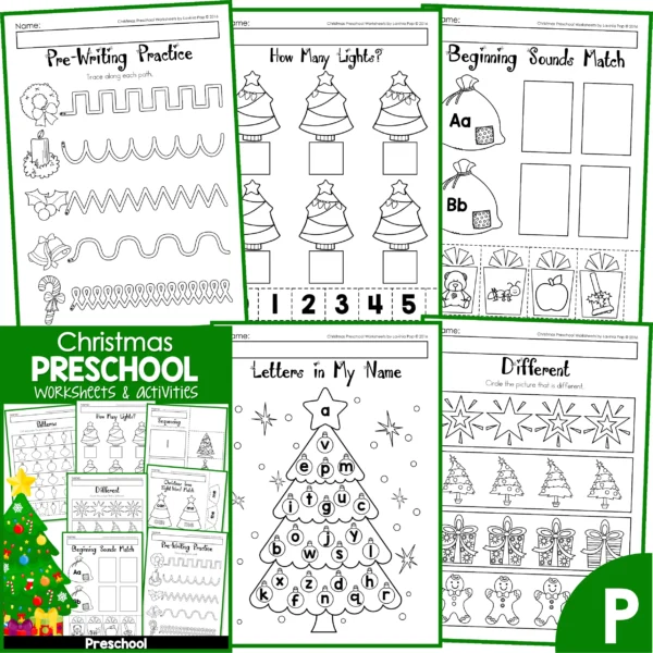 Christmas Math and Literacy Worksheets for Preschool. Pre-Writing | Counting | Beginning Sounds | Letters in My Name | Different
