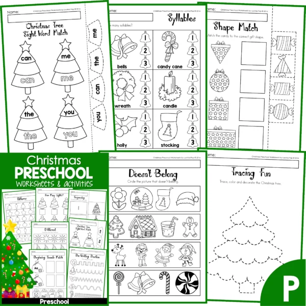 Christmas Math and Literacy Worksheets for Preschool. Sight Words | Syllables | 2D Shapes | Doesn't Belong | Tracing