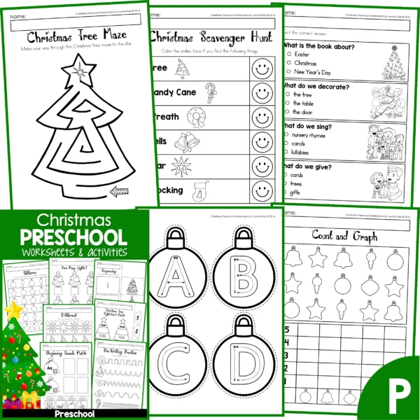 Christmas Math and Literacy Worksheets for Preschool. Christmas Tree Maze | Christmas Scavenger Hunt | Reading Comprehension | Alphabet Tracing | Count and Graph