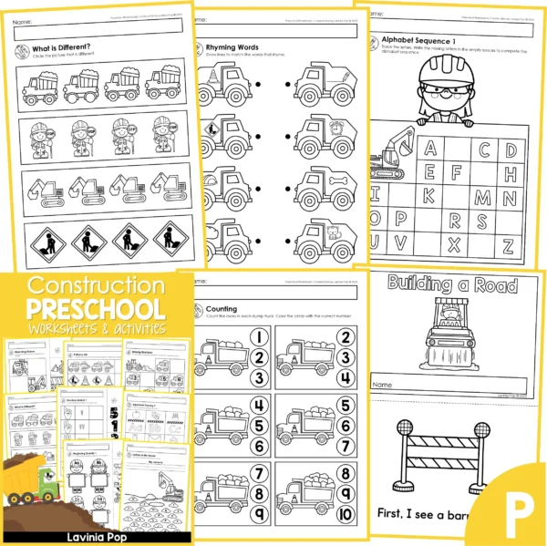 The Construction Preschool Worksheets and Activities contains a collection of 35 printable no prep activities suitable for use with children in Preschool and Kindergarten. This packet focuses on early math and literacy skills and concepts and minimal teacher guidance is required.
