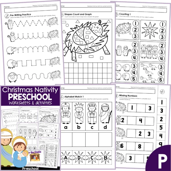 Christmas Nativity Math and Literacy Worksheets for Preschool. Pre-Writing Practice | Shapes Count and Graph | Counting | Alphabet Match | Missing Numbers