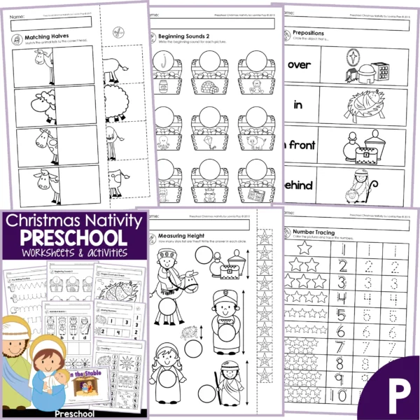Christmas Nativity Math and Literacy Worksheets for Preschool. Matching head and tails | Beginning Sounds | Prepositions | Measuring Height | Number Tracing