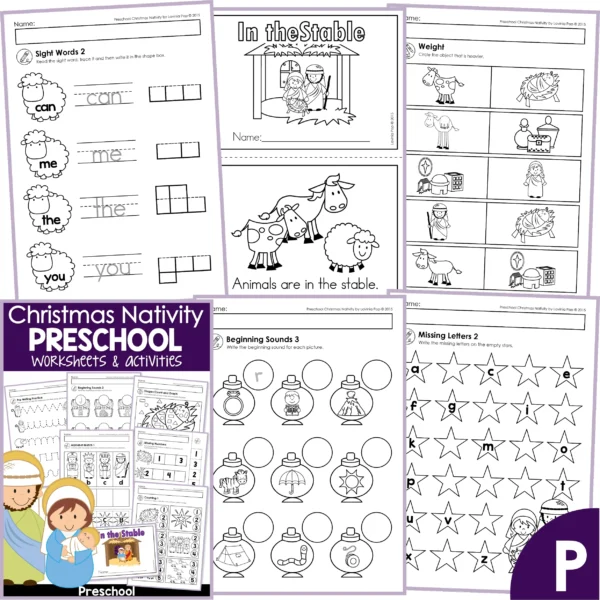 Christmas Nativity Math and Literacy Worksheets for Preschool. Sight Words | Emergent Reader | Weight | Beginning Sounds | Missing Letters