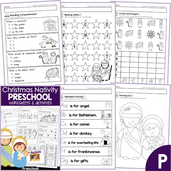Christmas Nativity Math and Literacy Worksheets for Preschool. Reading Comprehension | Missing Letters | Count and Graph | Alphabet Tracing Tracing pictures
