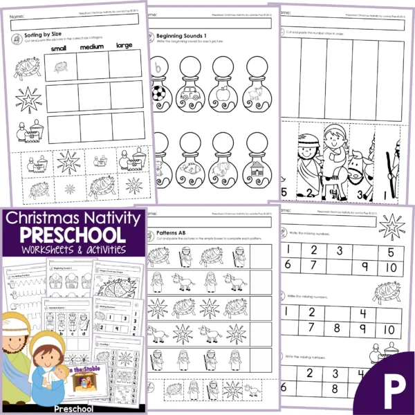 Christmas Nativity Math and Literacy Worksheets for Preschool. Sorting by Size | Beginning Sounds | Number Order | Patterns | Missing Numbers