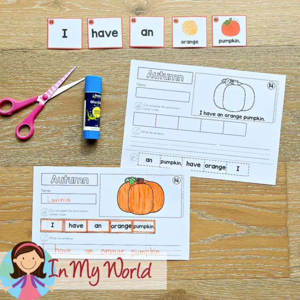 Autumn Sentence Scramble Pocket Chart Activity with Cut and Paste Worksheets.