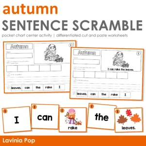 Autumn Sentence Scramble Pocket Chart Activity with Cut and Paste Worksheets.