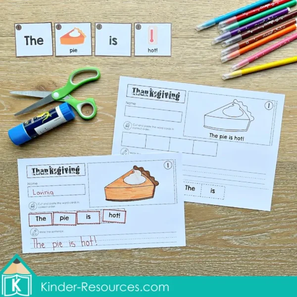 Thankgiving Sentence Scramble Pocket Chart Center Activity with Cut and Paste Worksheets