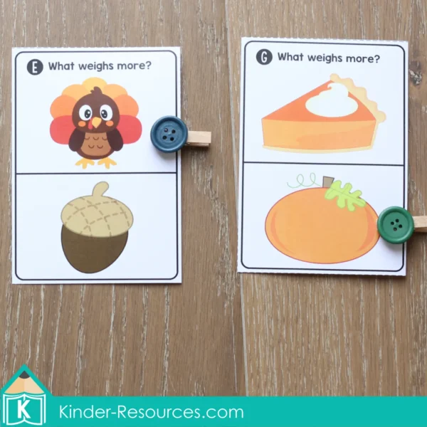 Thanksgiving Math Kindergarten Centers Weight Clip Task Cards