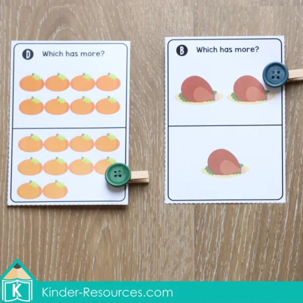 Thanksgiving Math Kindergarten Centers Which Has More Clip Cards