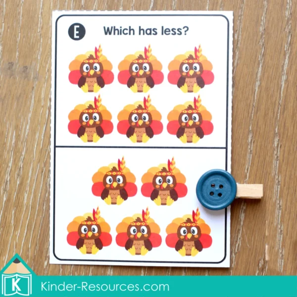Thanksgiving Math Kindergarten Centers Which Has More Clip Task Cards
