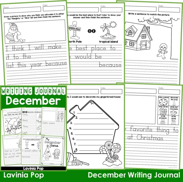 December Writing Journal Prompts. Includes a variety of text types: writing lists, labelling, procedures, opinion pieces, narrative text, letters and acrostic poems.