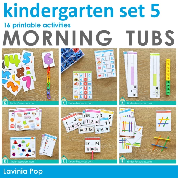 Kindergarten Morning Tubs | Bins Set 5. 16 printable math and literacy activities.