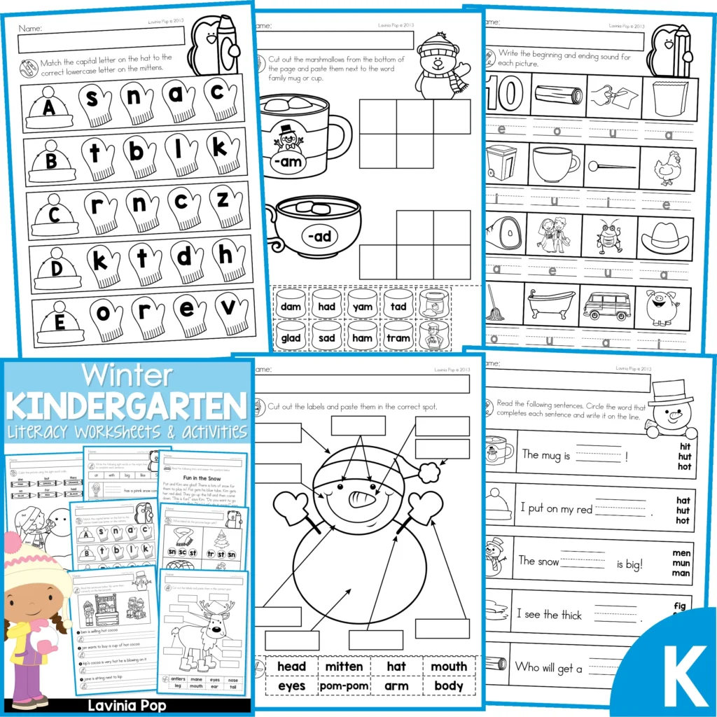 Winter Kindergarten Literacy Worksheets & Activities. Alphabet Match | Word Families | CVC Words | Label the Snowman