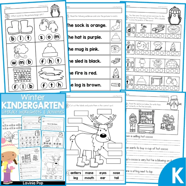 Winter Kindergarten Literacy Worksheets & Activities. Beginning Sounds | Colors | Label the Reindeer | Fix the Sentence