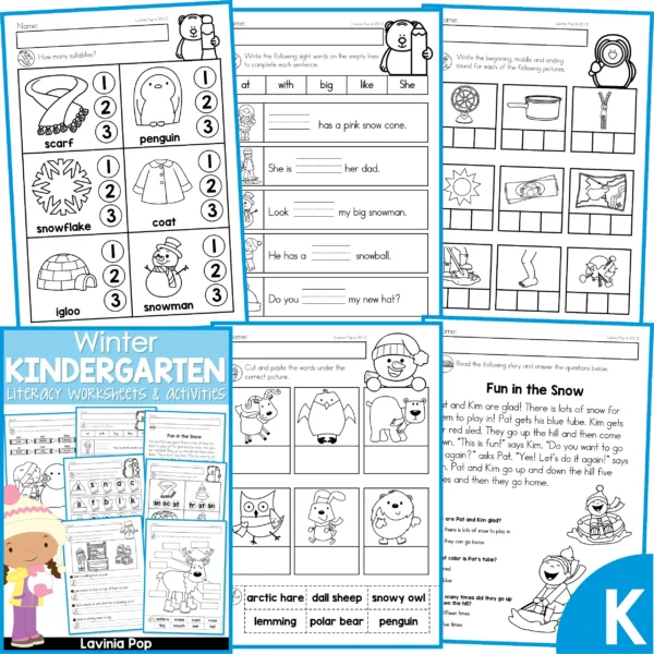 Winter Kindergarten Literacy Worksheets & Activities. Syllables | Sight Words | CVC Words | Label the arctic animals | Reading Comprehension