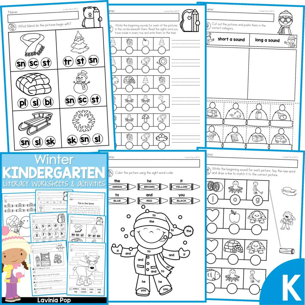 Winter Kindergarten Literacy Worksheets & Activities. Beginning Blends | Sight Words | Short and Long Vowel Sounds | CVC Words | Beginning Sounds