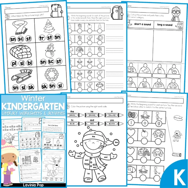 Winter Kindergarten Literacy Worksheets & Activities. Beginning Blends | Sight Words | Short and Long Vowel Sounds | CVC Words | Beginning Sounds