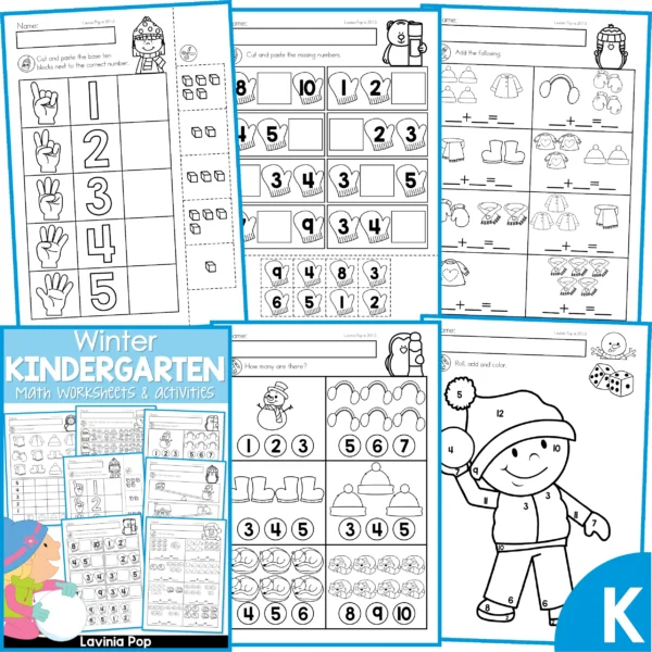 Winter Kindergarten Math Worksheets & Activities. Number Match | Missing Numbers | Addition | Counting