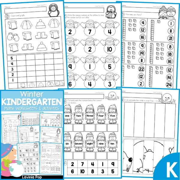 Winter Kindergarten Math Worksheets & Activities. Count and Graph | Numbers Before and After | Base Ten | Number Words | Number Order