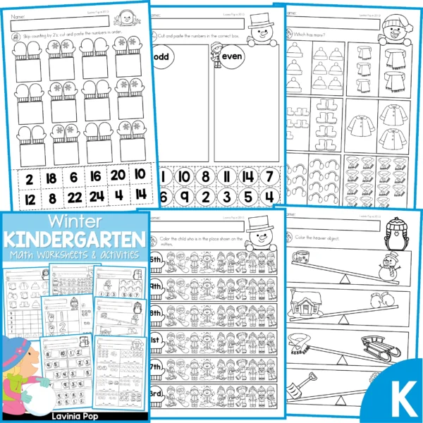 Winter Kindergarten Math Worksheets & Activities. Skip Counting by 2 | Odd and Even Numbers | Comparing Quantities | Ordinal Numbers | Weight