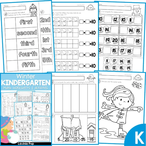 Winter Kindergarten Math Worksheets & Activities. Ordinal Numbers | Ten Frame Addition | Missing Teen Numbers | Skip Counting by 5s | Number Words