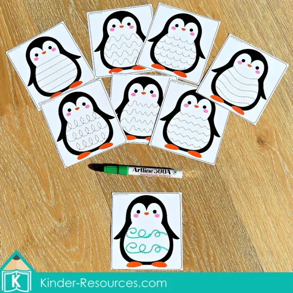 Polar Animals Printable Preschool Centers. Fine motor activity - Pre-writing penguin tracing cards