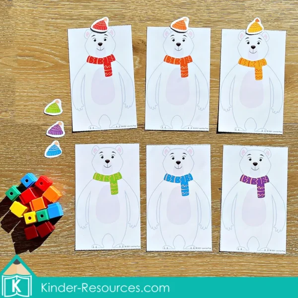 Polar Animals Printable Preschool Centers. Matching hats and polar bear scarves by color